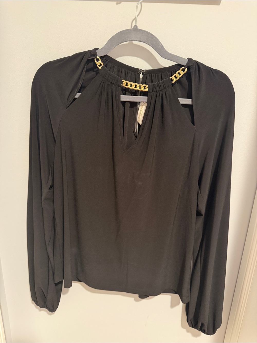 Ramy Brook Black Blouse with Gold Chain Neckline